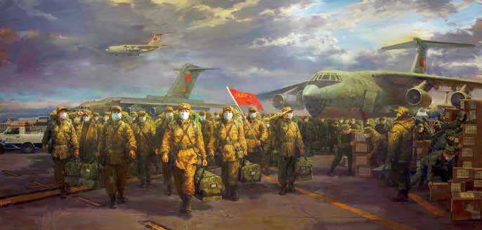 安瑾琳　《众志成城抗击疫情——空降武汉》　油画　500×240cm　2020 年