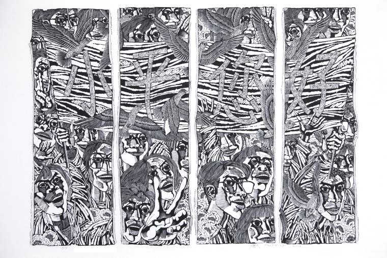 65康宁《八十年代》88×120cm，黑白木刻，2014年