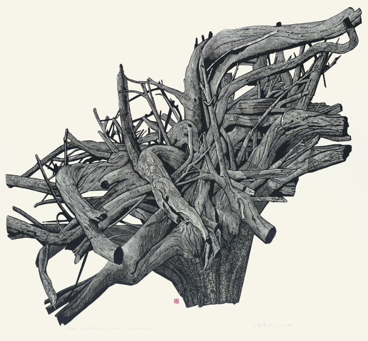 73雷务武《不死的胡杨》107×120cm，黑白木刻，2022