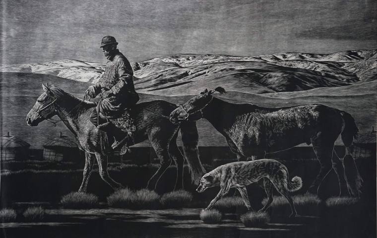 75德力格仁贵《蒙古高原》89×136cm，黑白木刻，2013年