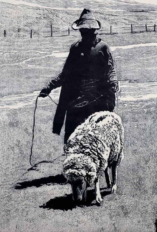 徐匡《扎西和他的羊》150cm×100cm-木刻版画-2005年