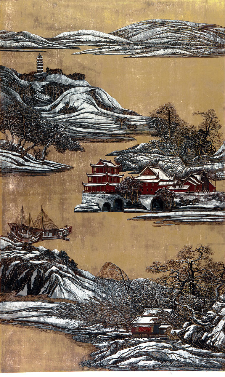 《庐州逸韵——汉.中庙》（合作）组画木刻套色110x180cm2011年