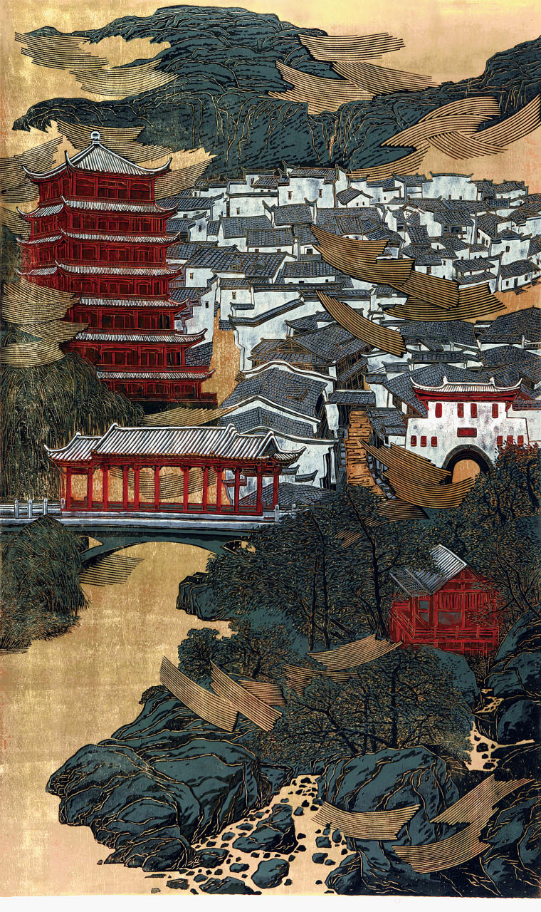 《庐州逸韵——三河镇》（合作）组画木刻套色110x180cm2011年