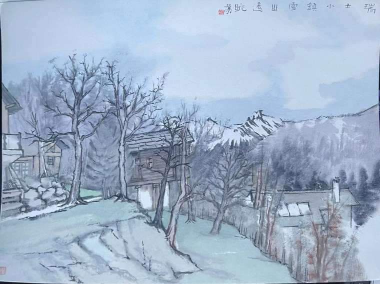 《瑞士小镇雪山远眺》39x53cm