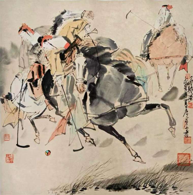 33唐勇力 马球图 70x70cm 国画